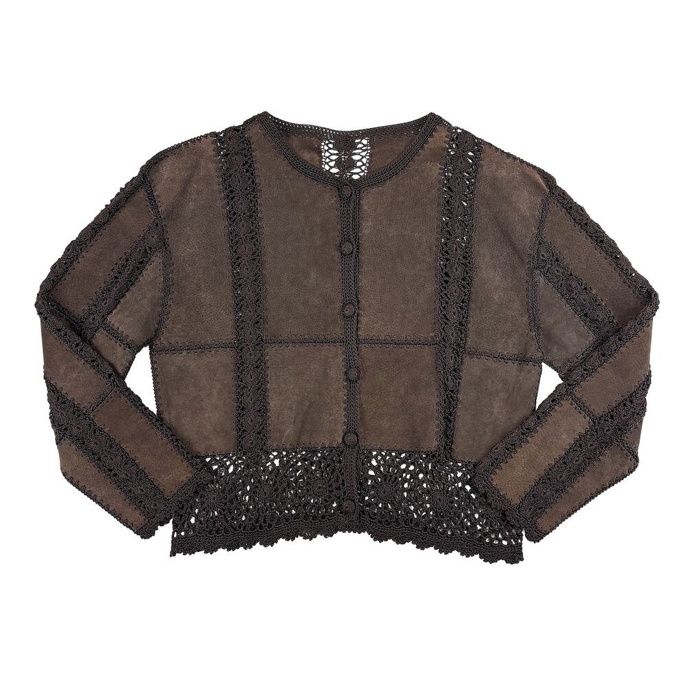 VTG Suede Crochet Patch Work Jacket Womens S Dark Brown Western Boho Leather